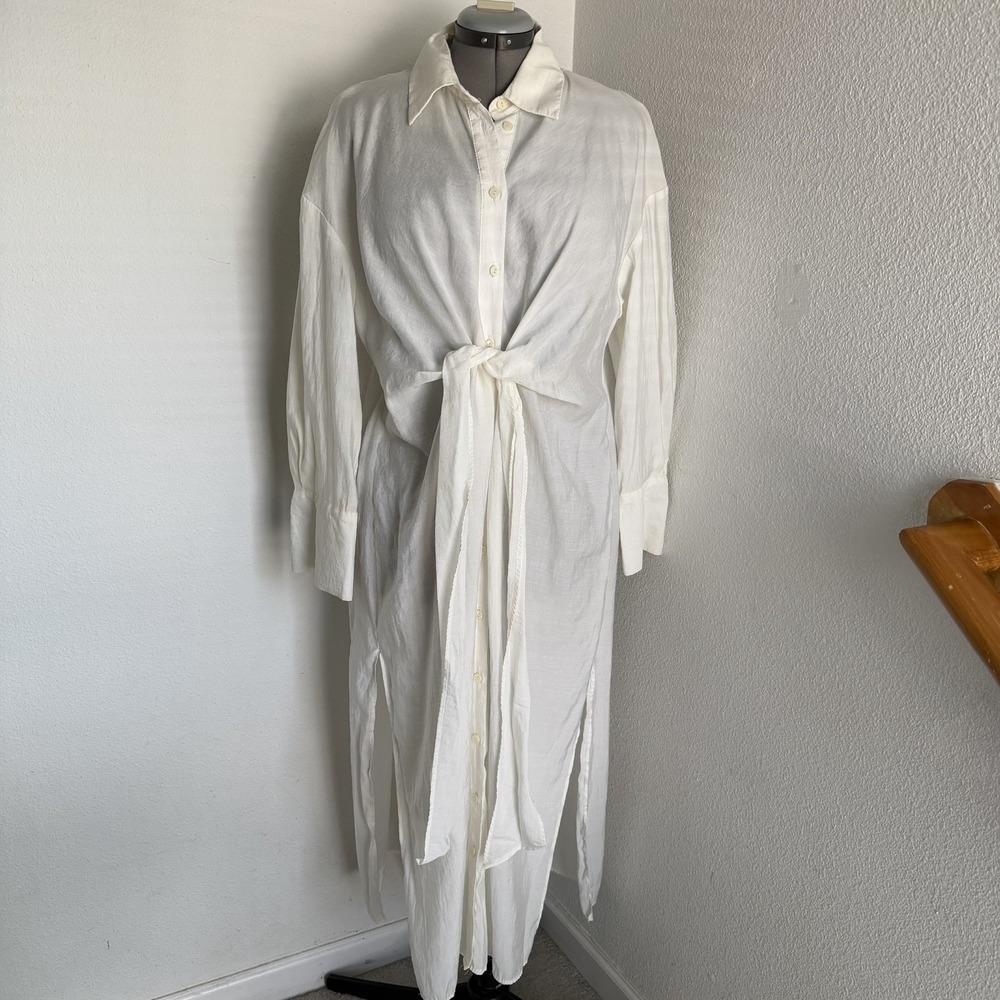 Zara Women Midi Tie Shirt Dress Relaxed Fit White Size M